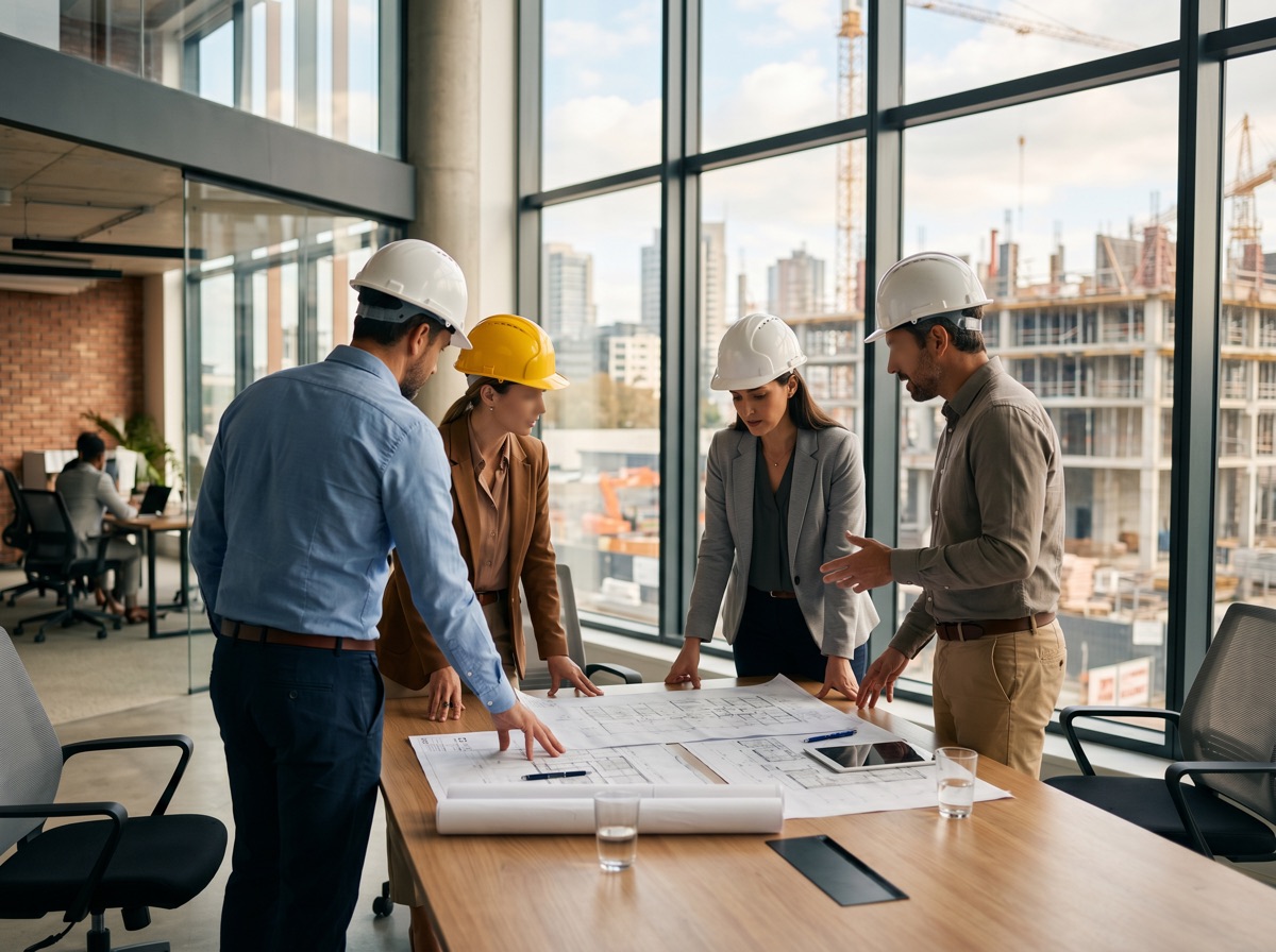Construction professionals reviewing architectural drawings in an office